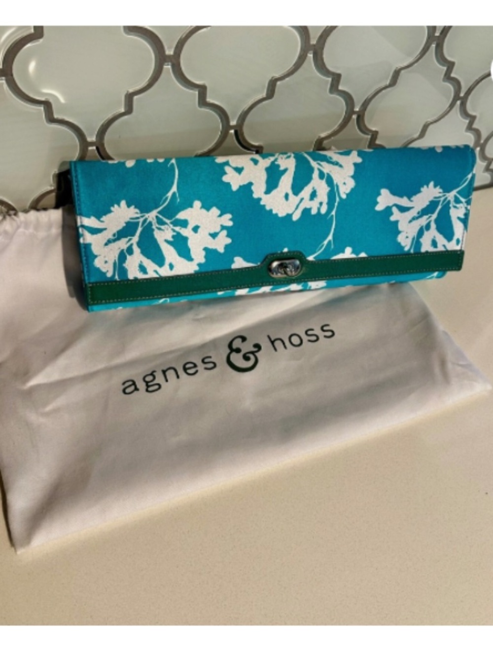 New Agness and Hoss Teal White Floral Clutch Purse Satin. 13 inches